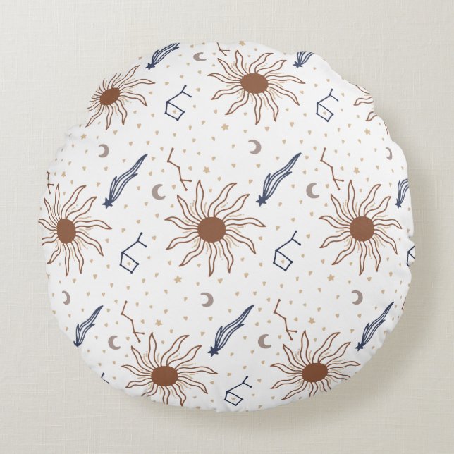Almofada Redonda Estrela Celestial, Sol e Lua (Frente)
