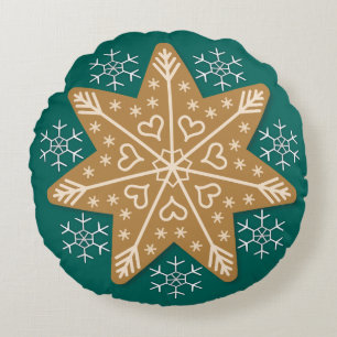 Almofada Redonda Estrela de pão-de-gengibre e flocos de neve Natal