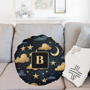 Almofada Redonda Estrelas monograma do padrão celestrial de ouro az