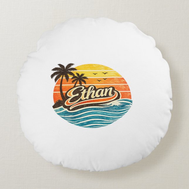 Almofada Redonda Ethan Retro Sunset Name Design (Frente)