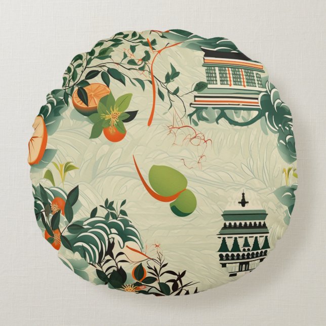 Almofada Redonda Ethereales Orangenmuster mit Zen-Tempeln (Frente)