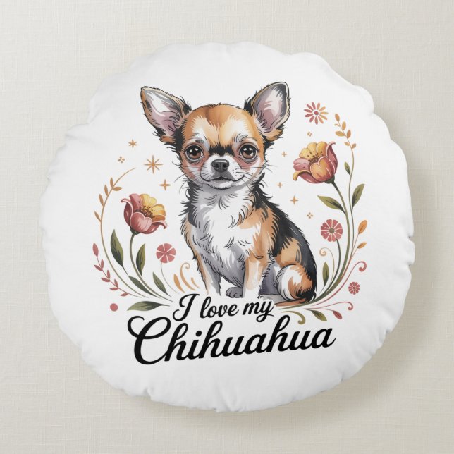 Almofada Redonda Eu amo meu chihuahua  (Frente)