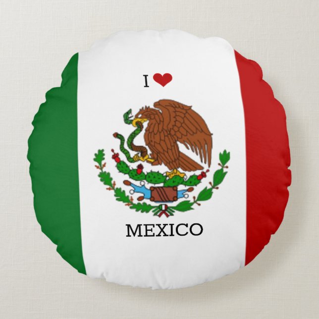 Almofada Redonda eu amo méxico - bandeira mexicana, (Frente)