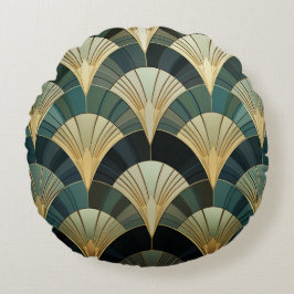 Almofada Redonda Eventails Art Déco - Or sur Émeraude
