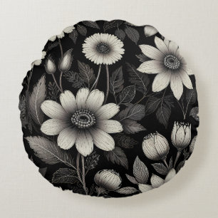 Almofada Redonda Exemplo gráfico de flores de preto e branco
