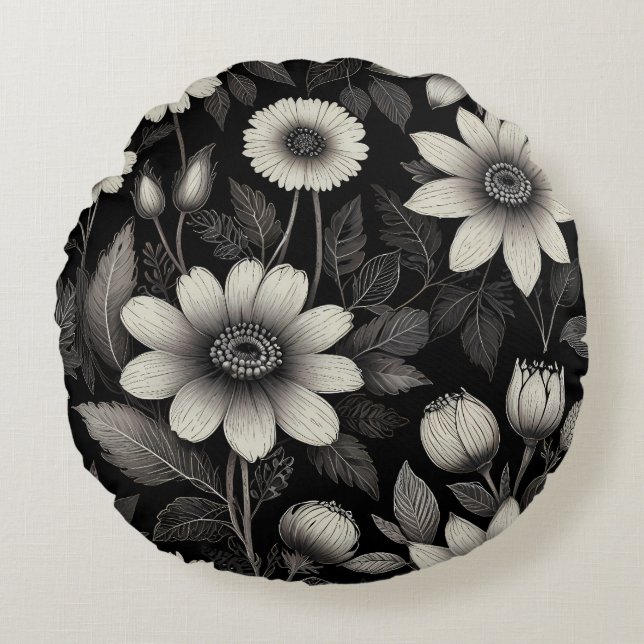 Almofada Redonda Exemplo gráfico de flores de preto e branco (Frente)