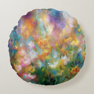Almofada Redonda Explosão floral cósmica abstrata em cores pastéis