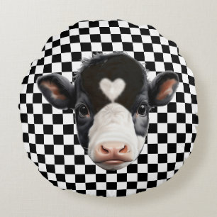 Almofada Redonda Face de Vaca Personalizada em Xadrez Preto e Branc