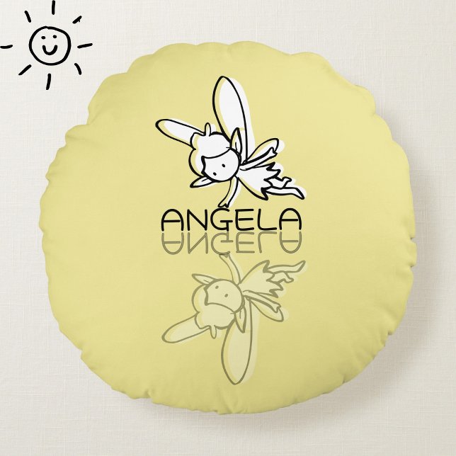 Almofada Redonda Fada Amarela Reflexo Doodle Nome Personalizado  (Criador carregado)
