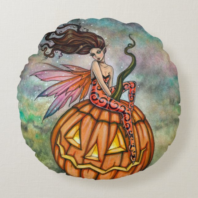 Almofada Redonda Fada de Halloween e Arte Jack-o-Lanterna (Frente)