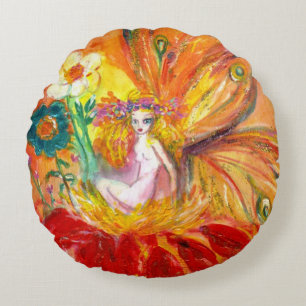 Almofada Redonda FAIRY OF FLOWERS Red Yellow Fantasy