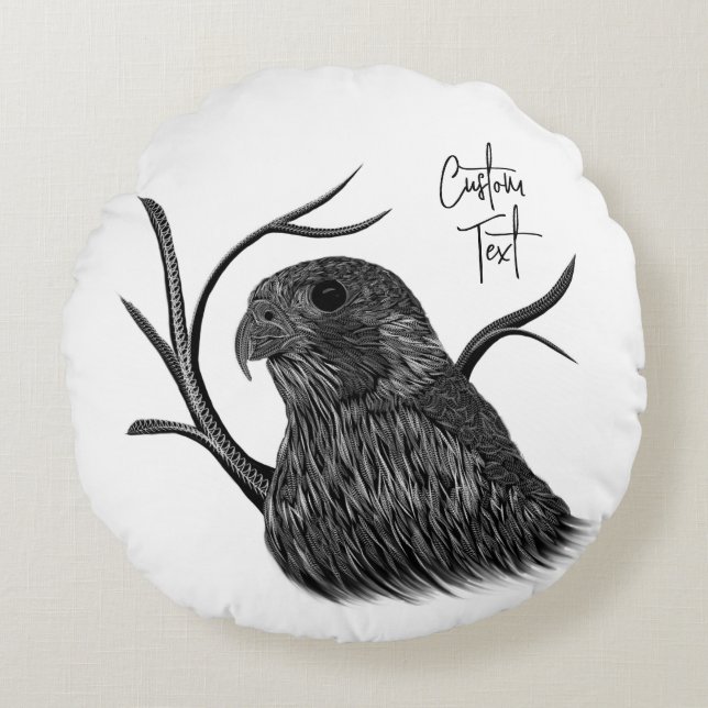 Almofada Redonda Falcão Peregrino em Ramais de Árvore com Escrita M (Frente)