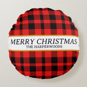 Almofada Redonda Família de Natal Decorativa Elegante Xadrez Vermel