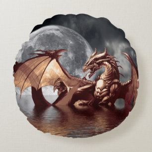 Almofada Redonda Fantasia do dragão & da lua Mythical