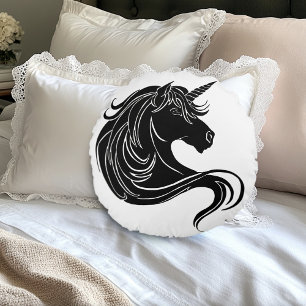 Almofada Redonda Fantasia Unicórnio Tribal Preto Minimalista Branco