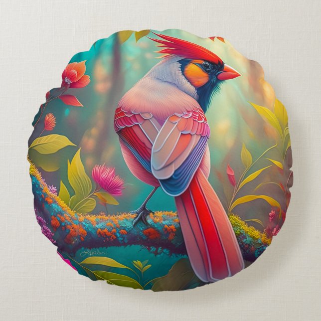 Almofada Redonda Fantasy Birds Male Cardinal (Frente)