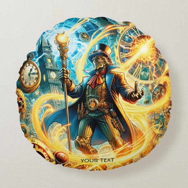 Almofada Redonda Fantasy Cute Steampunk Time Wizard (Frente)