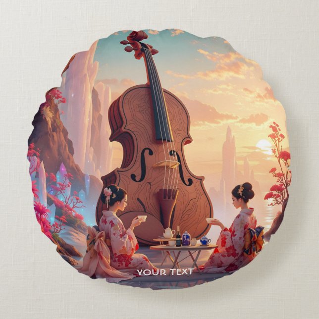 Almofada Redonda Fantasy Cute Violin Girls Tea (Frente)
