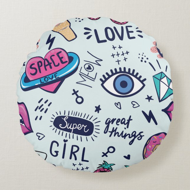 Almofada Redonda Fashion Patch: Pop Art Stickers. (Frente)