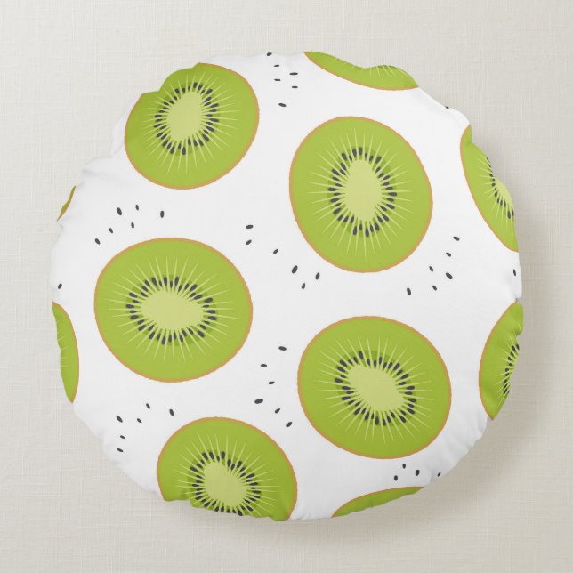 Almofada Redonda Fatias de fruta de Kiwi, ilustração perfeita. (Frente)