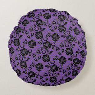 Almofada Redonda Faux Black Lace Rose Fishnet Roxo Pillow Round