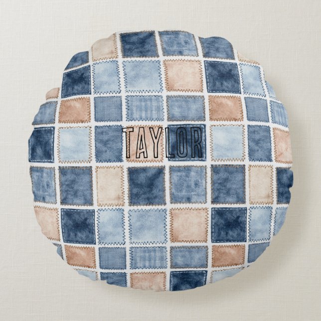 Almofada Redonda Faux Blue Glitter Cream Denim  (Frente)