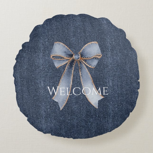 Almofada Redonda Faux Denim Blue Jean Bow (Frente)