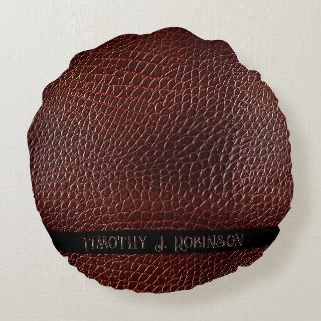 Almofada Redonda Faux Leather Brown Personalizada Emboscada (Verso)