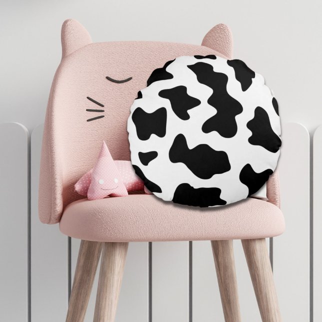Almofada Redonda fazenda leiteira, preto e branco, de raça branca (cute black and white farm dairy cow print round pillow)