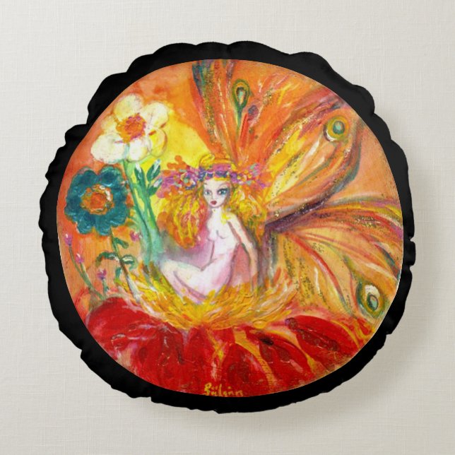 Almofada Redonda FÉ DAS FLORES, Fantasia Negra (Frente)