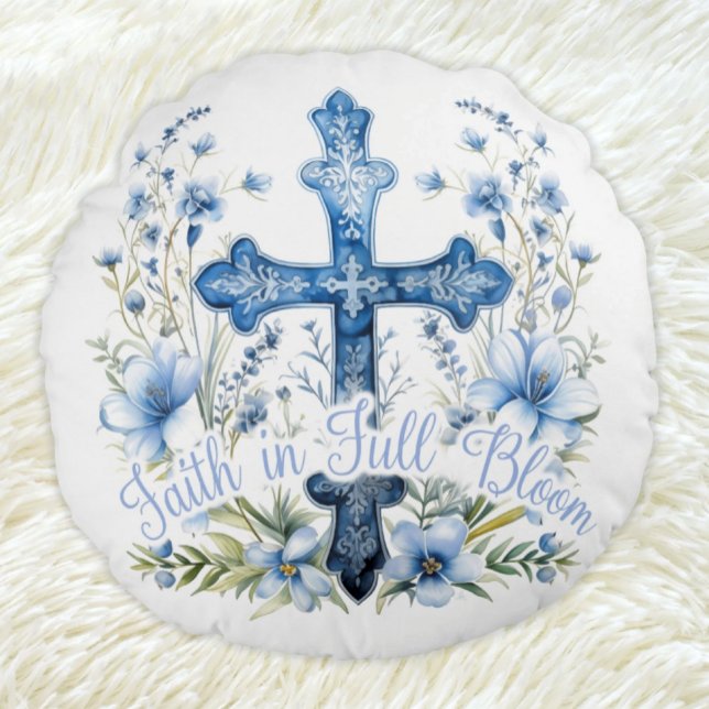Almofada Redonda Fé redonda do Travesseiro no Cheio Bloom Bluebonne (Christian Easter Pillow Faith in Full Bloom Bluebonnet Floral with Cross)