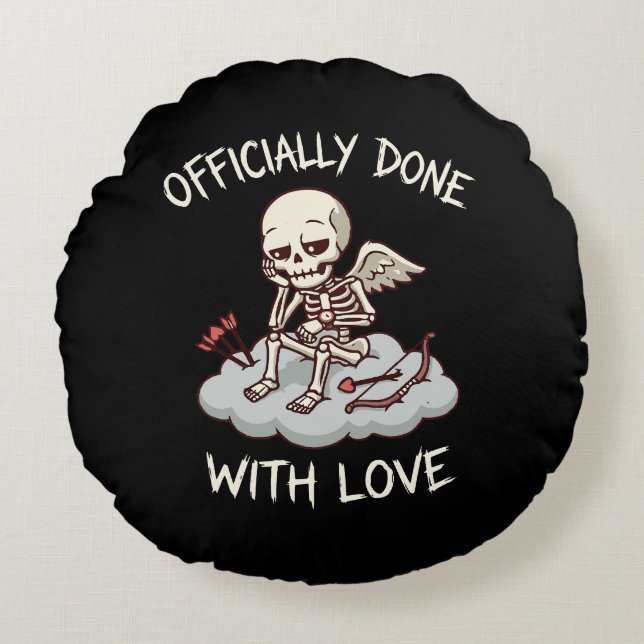 Almofada Redonda Feito Oficialmente Com Design de Cupido Esqueleto  (Frente)