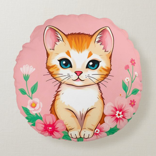 Almofada Redonda 🐱 Felino Fofo Jardim Floral de Êxtase 🌸 (Frente)