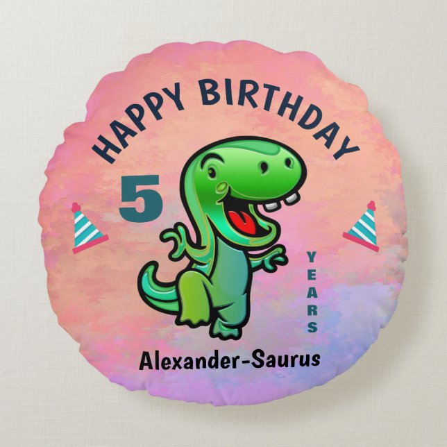 Almofada Redonda Feliz aniversário, Dinossauro Verde Personalizado (Frente)