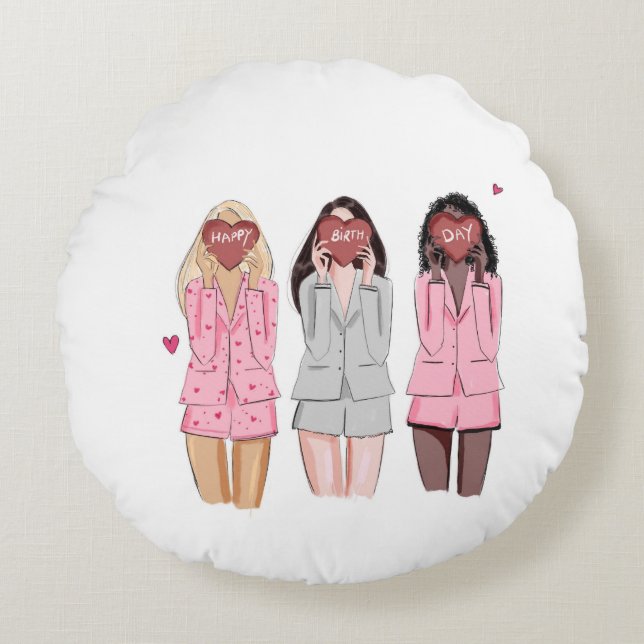 Almofada Redonda Feliz aniversário ilustra garotas rosa (Frente)