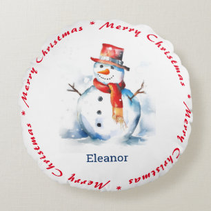 Almofada Redonda Feliz Boneco de Neve Alegre Natal Nome Personaliza