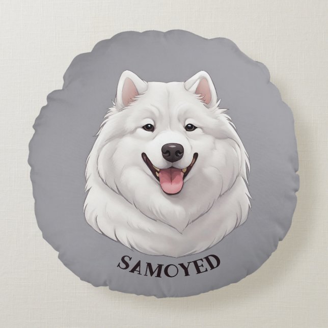 Almofada Redonda Feliz Cão Branco Samoado (Frente)