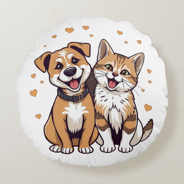 Almofada Redonda Feliz Cão e Gato com Corações (Frente)