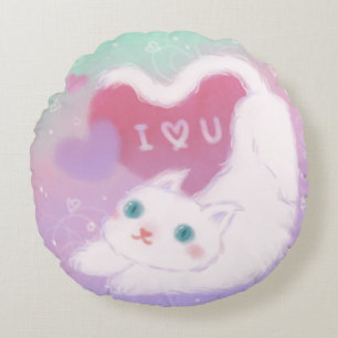 Almofada Redonda Feliz Dia dos Namorados com Gato Branco Fofinho