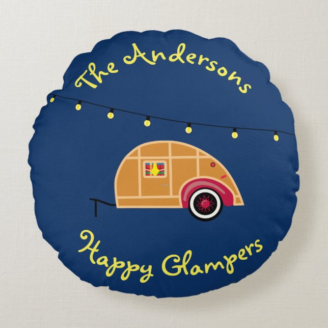 Almofada Redonda Feliz Glamper Woodie Vintage Teardrop Trailer (Frente)