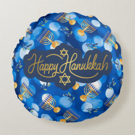 Almofada Redonda Feliz Hanukkah Azul e Branco