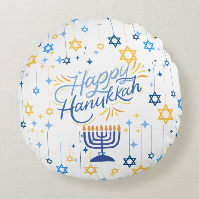 Almofada Redonda Feliz Hanukkah Azul e Dourado (Frente)