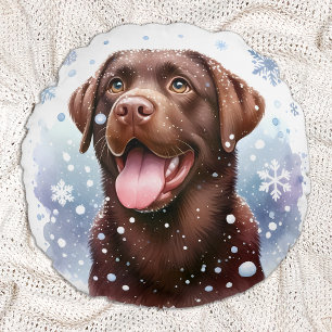 Almofada Redonda Feliz Labrador Retriever Cachorro Cachorro Neve Na
