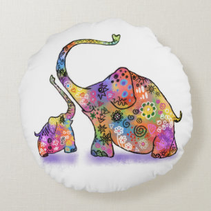 Almofada Redonda Feliz Mãe Colorida e Elefante de Bebê - Desenho 