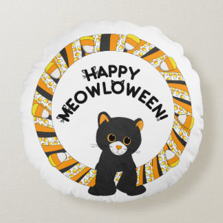 Almofada Redonda Feliz Meowloween Black Cat Halloween Candy Corn
