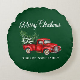 Almofada Redonda Feliz Natal Aquarela Vintage Red Truck Verde