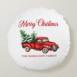 Almofada Redonda Feliz Natal Aquarela Vintage Red Truck White
