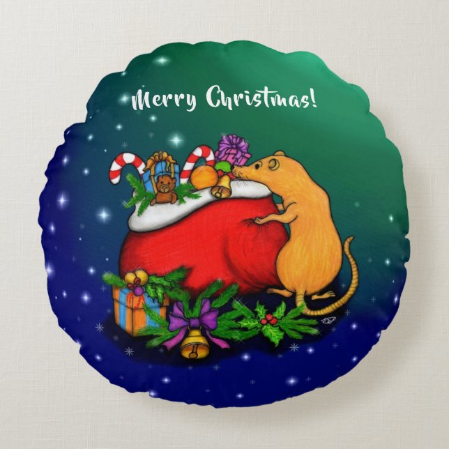 Almofada Redonda Feliz Natal com Rat Prince (Frente)