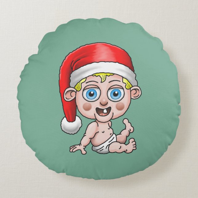 Almofada Redonda Feliz Natal de Papais noeis Jovens (Frente)