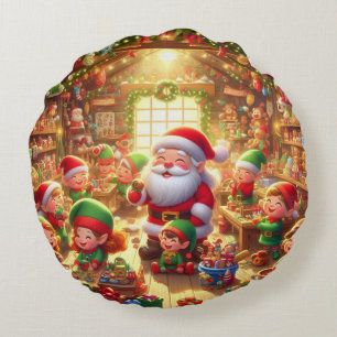Almofada Redonda Feliz Natal do Papai Noel e seus Elfos 